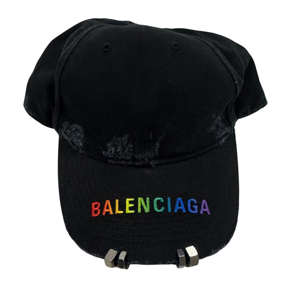 BALENCIAGA Rainbow Logo Distressed Hardware Pierced Baseball Cap Hat Black